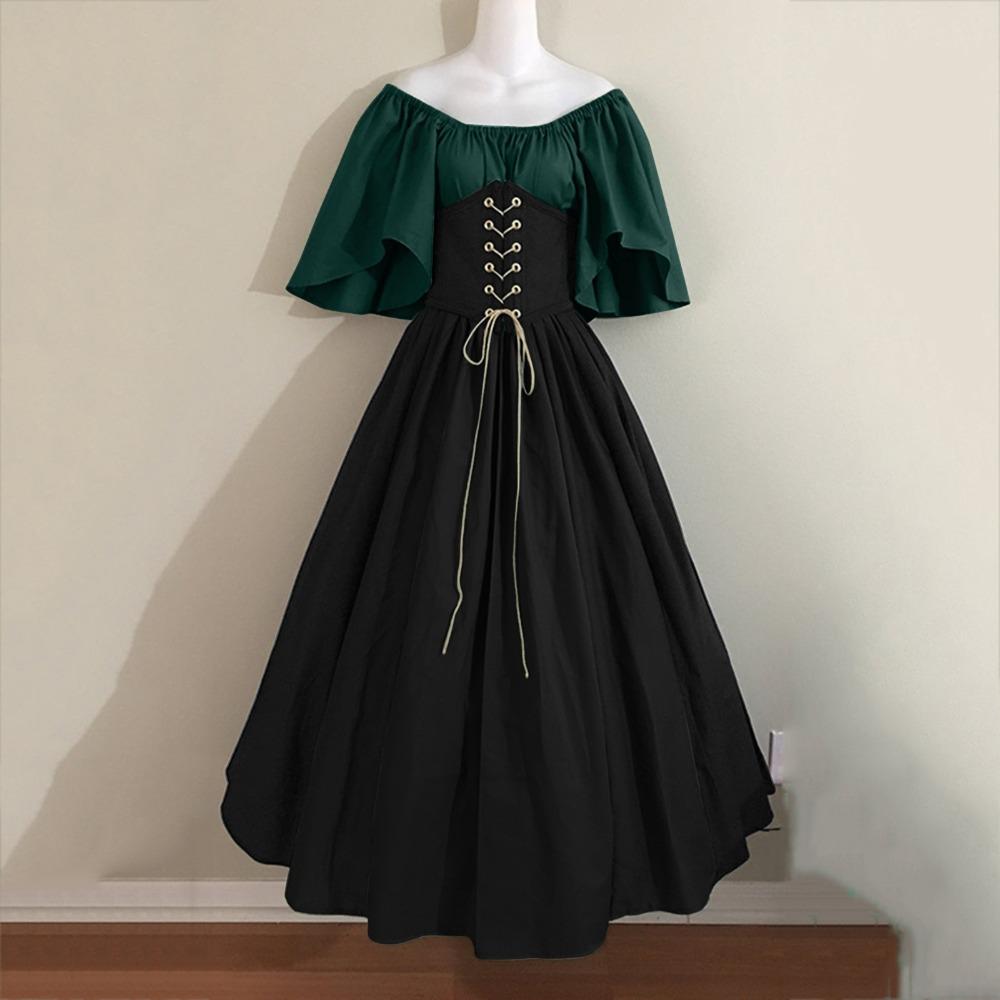 Women's Off‑Shoulder Half Sleeve Maxi Dress Loose Fit High Waist Vintage Renaissance Medieval Gown