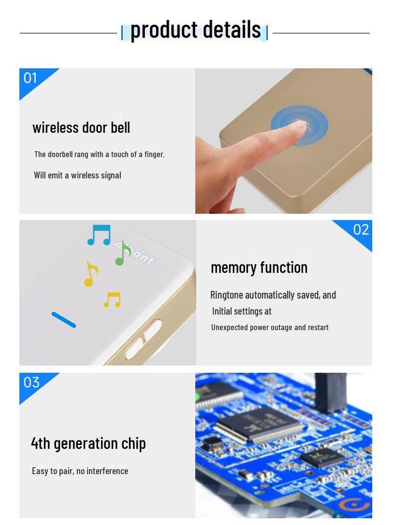 Battery-Free Smart Wireless Doorbell with One Transmitter & Two Receivers, EU/US Plug, Long Range, Waterproof.