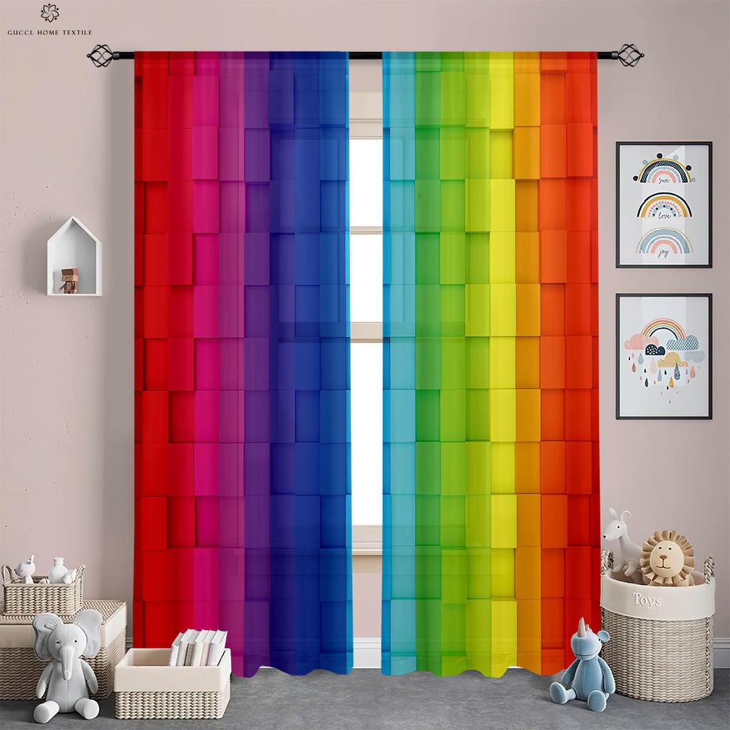 Watercolor Rainbow Stripe Printed Curtains, Polyester Fiber, Bedroom, Living Room, Study Room, Decorative, 2 Pieces