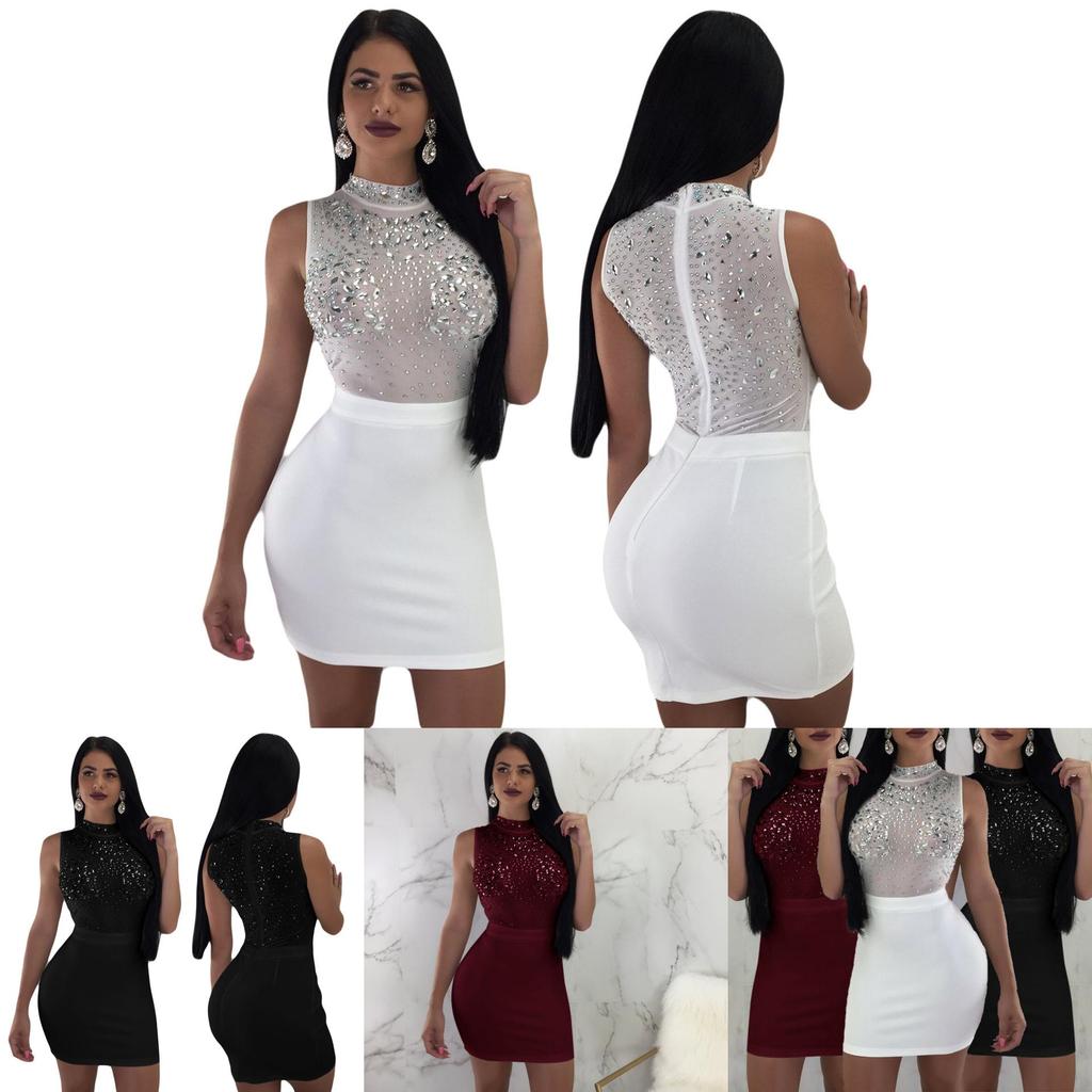 Elegant Sexy Shiny Women's Bodycon Dress With Diamond O Neck For Evening Embroidery