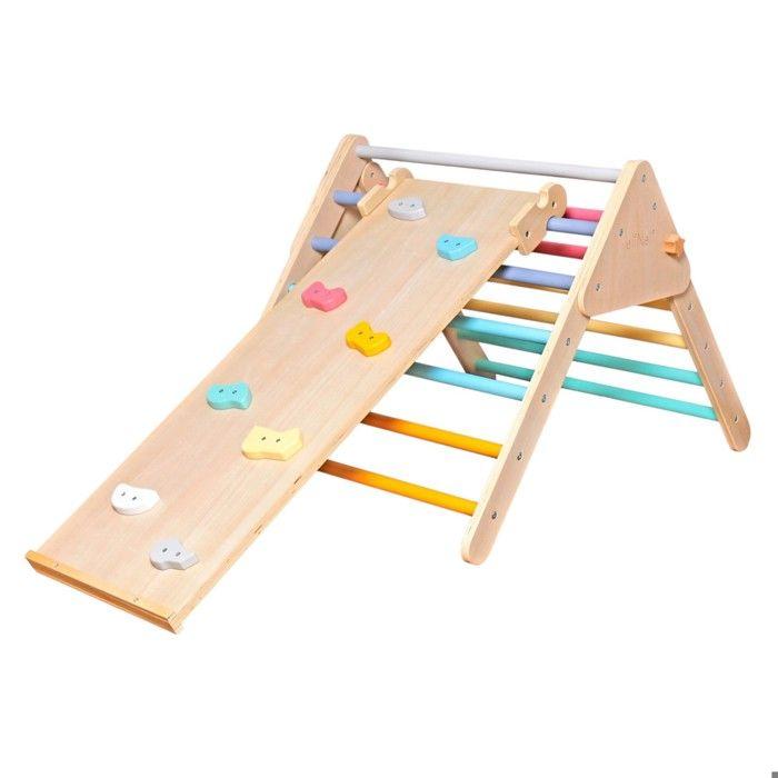 Triangle de Pikler - GINGER HOME 2 en 1 - Toboggan &amp; mur d'escalade - Pliable - Bois massif