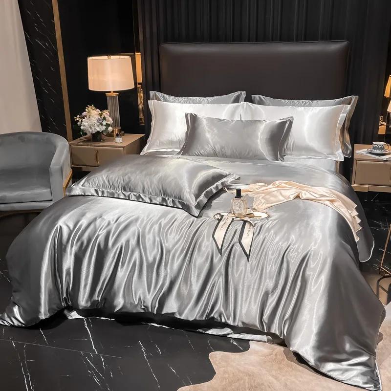 Conjunto de Roupa de Cama Nórdico 100% Seda com Capa de Edredom Lençol Fronha Luxo Casal Solteiro Casal Verão Liso Rainha Rei Lençol