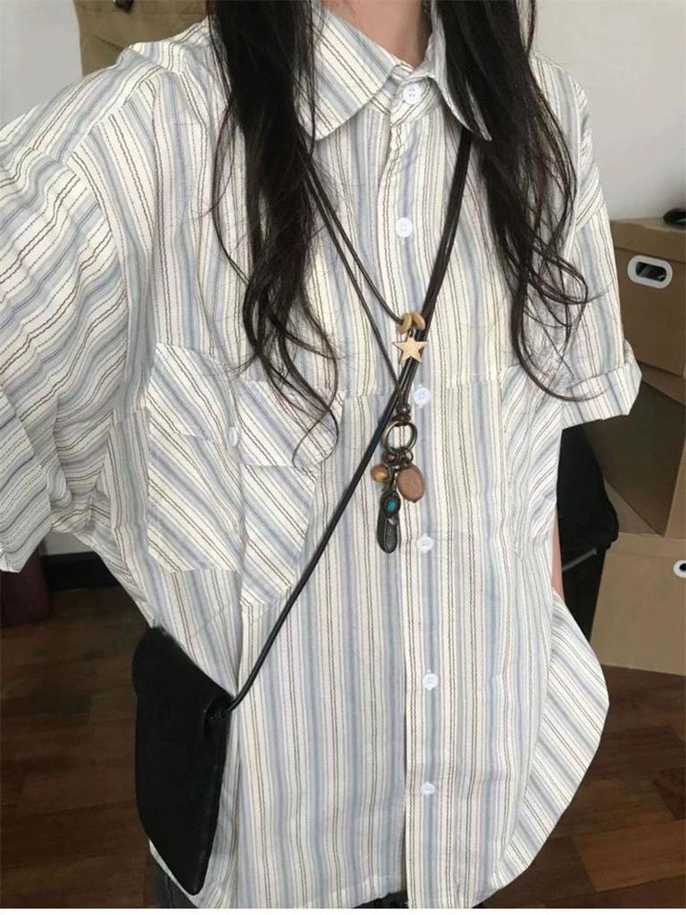 Summer 2024 Women's Niche Design Blue Striped Retro Short-Sleeve Shirt