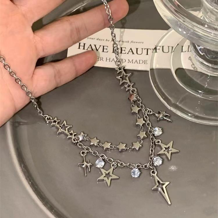 Cool and Spicy Double-layer Star Fringed Zircon Necklace Female Personality Ins Cool and Spicy New Popular Cold Wind Collarbone Chain Tide