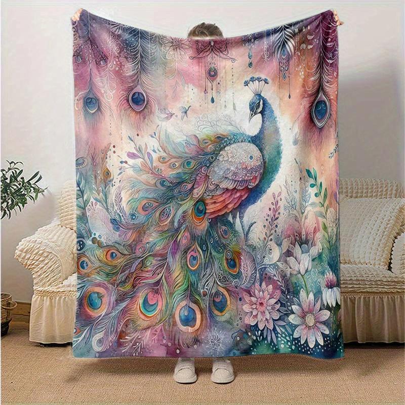1pc Peacock & Flowers Blanket Soft Throw for Home Decor, Gift Idea