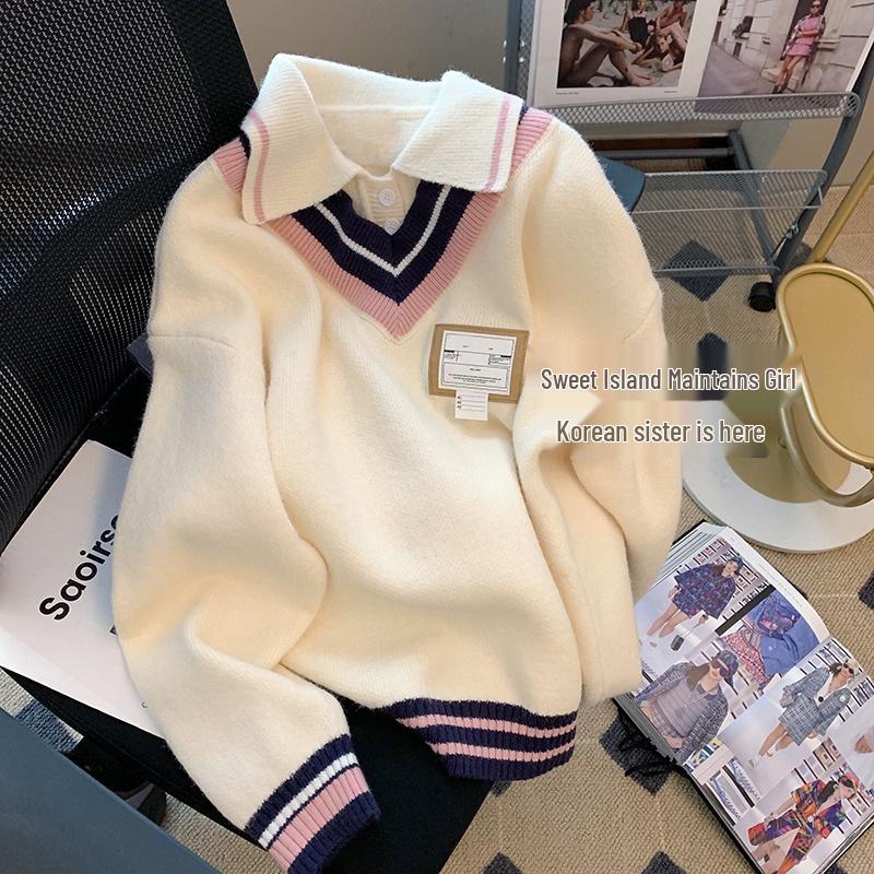 2023 Autumn/Winter Korean Style Loose Polo Collar Knit Sweater Jacket for Women