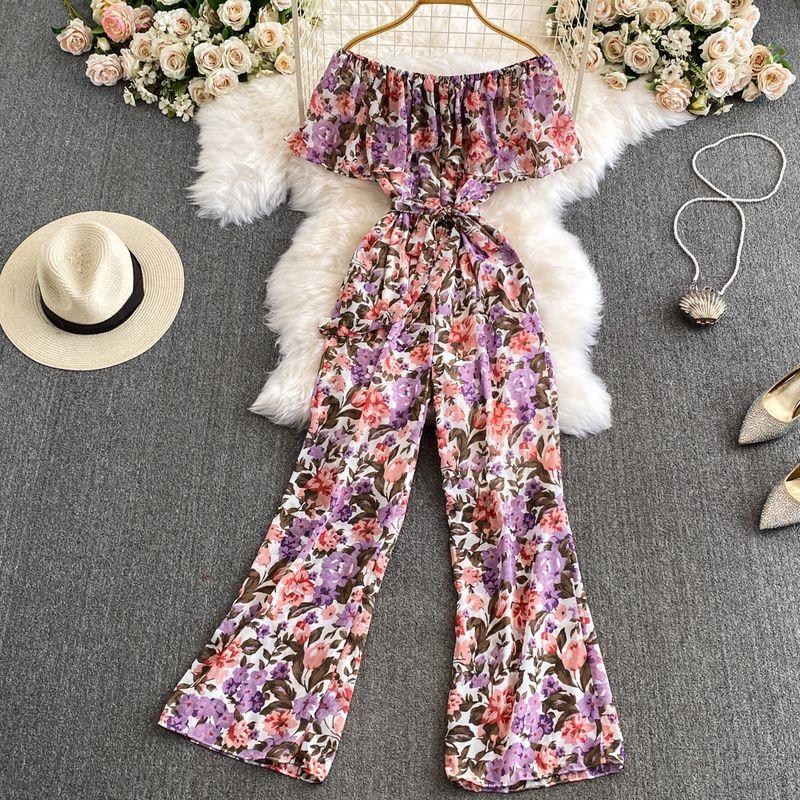 Women's Floral Loose Pants Jumpsuit Summer High Waist Waist-Tight Slimming Flounce off-Shoulder Jumpsuit Short Sleeve