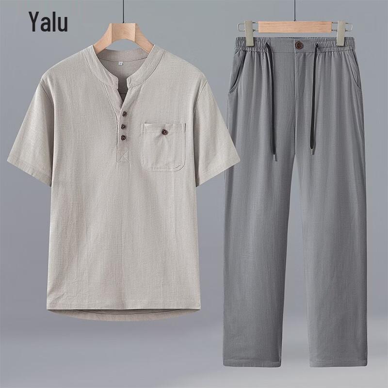 Yalu Men s Cotton Linen Short Sleeve T-shirt & Pants Set L