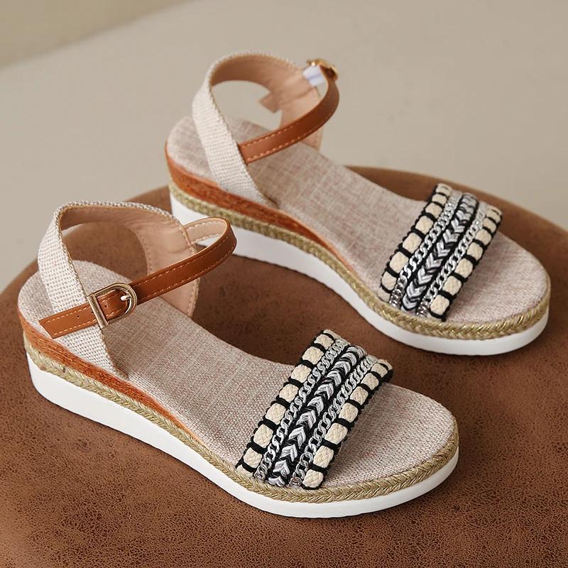 Fashion Retro Checkered High Heel Sandals for Women New Back Strap Thick Bottom Sandals Woman Summer Round Toe Anti-Slip Sandalias Mujer