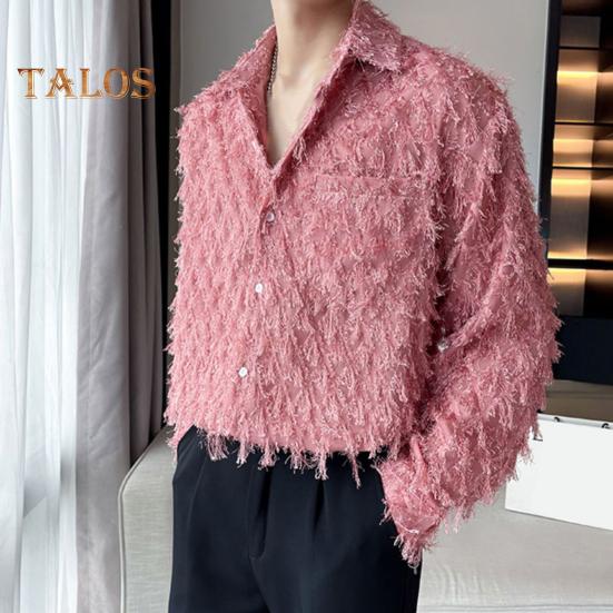 Men Shirt with Breat Pocket And Tassel Decor Turn-down Collar Single-breasted Long Sleeves Solid Color Holiday Christmas Party Club Top