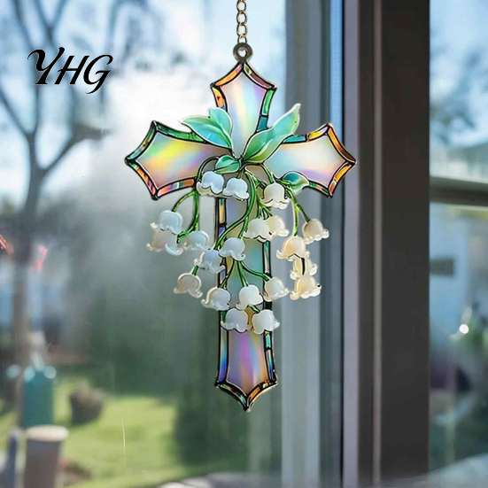 Window Hanging Sun Catcher Lily of The Valley Suncatcher, Acrylic Stained Glass Style Indoor Ornament with Metal Chain, Elegant Floral Wall Decoration