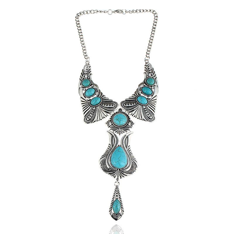 Pendant Turquoise Vintage Necklace With Alloy Chain And Multilayer Design