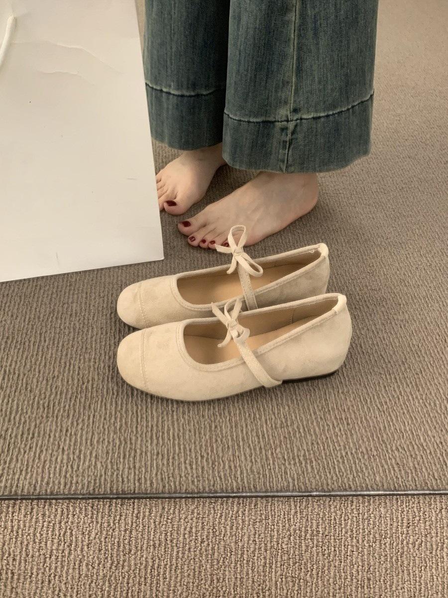 

Французские вечерние туфли нежного стиля с бантом и ремешком для увеличения высоты туфель Мэри Джейн, туфли-лодочки из замши, балетки, одинарные туфли для женщин 40 бежевый