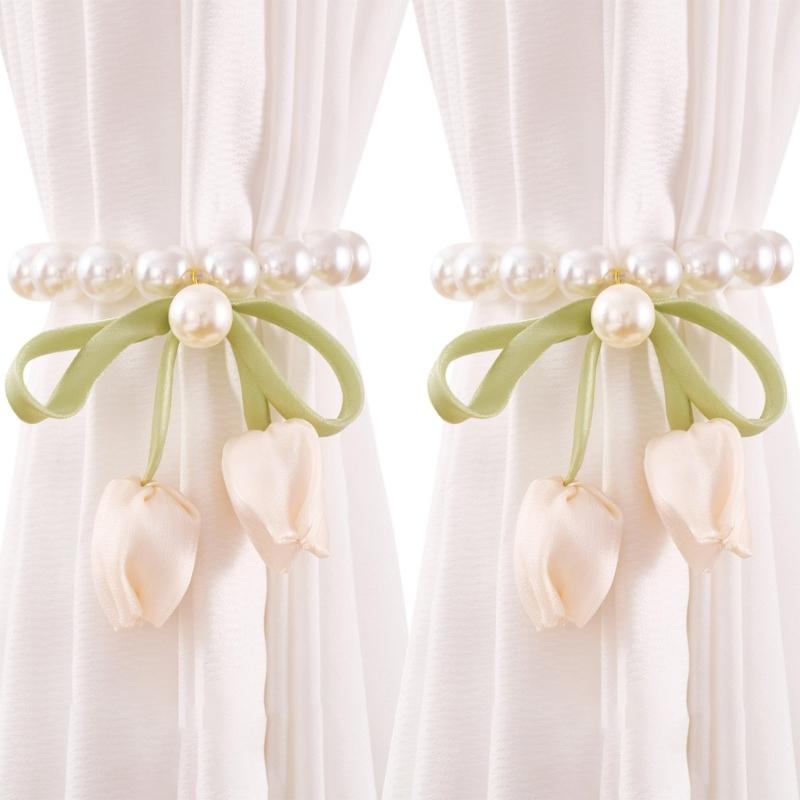 2Pcs Magnetic Clasp Curtain Holdbacks Tulips Bowknot Pearls Beads Window Drape Tiebacks for Living Room Bedroom Decors
