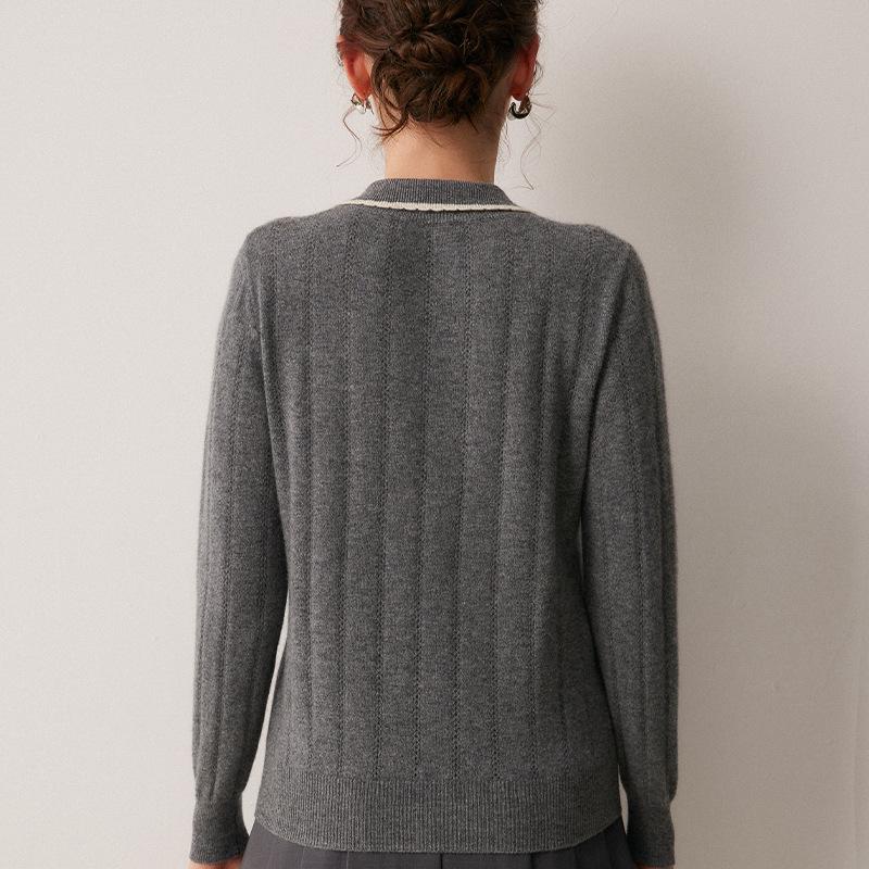 Women's Cashmere Color Block Polo Collar Hand-Crocheted Pullover Sweater for Autumn & Winter