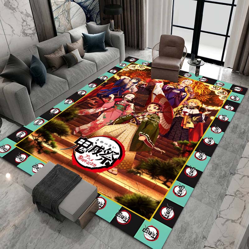 Cute cartoon Kimetsu no Yaiba rug, suitable for playrooms, bedrooms, living rooms, sofas, and other home décor; non-slip rug for