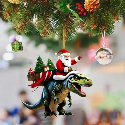 Christmas Pendant Santa Claus On Dinosaur Ornament 2D Flat Acrylic Hanging Decoration for Christmas Tree Mantel Decor 2025