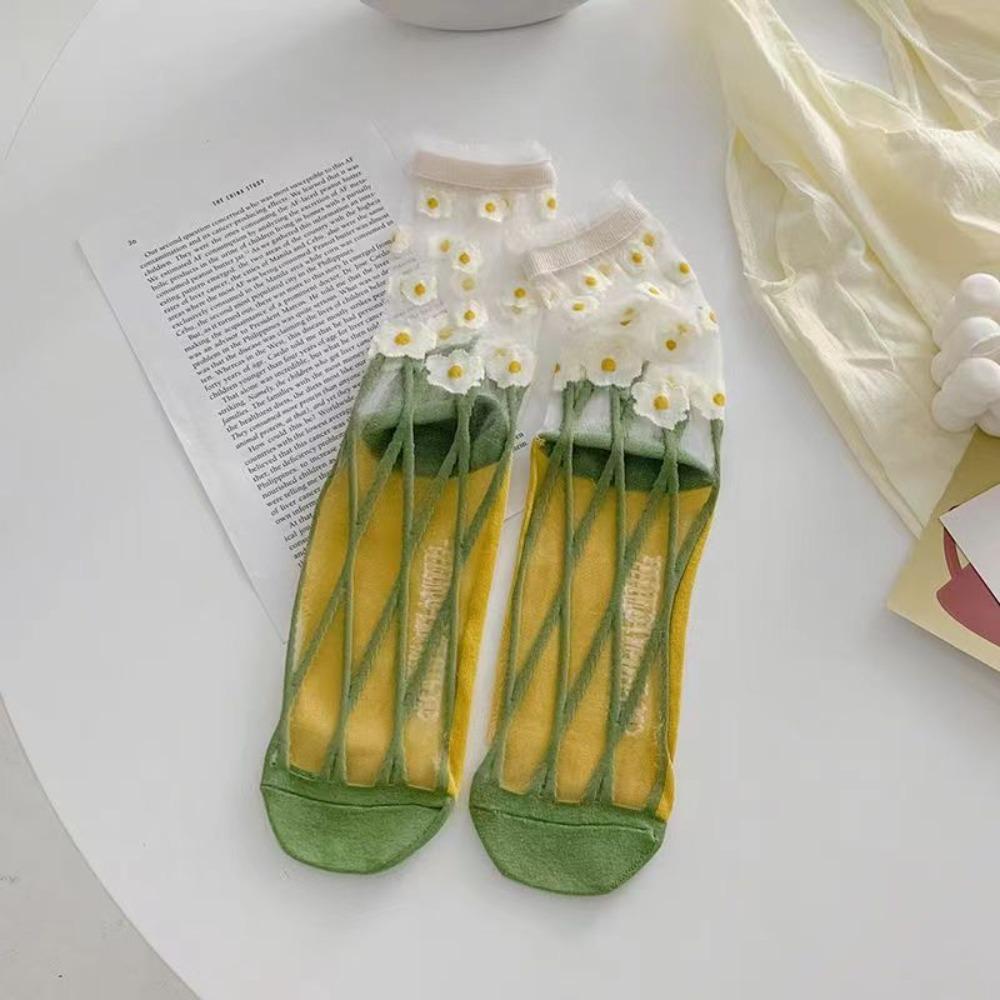 Sweet Floral Print Mid-calf Socks Ultra-Thin Crystal Silk Socks  Casual Wear