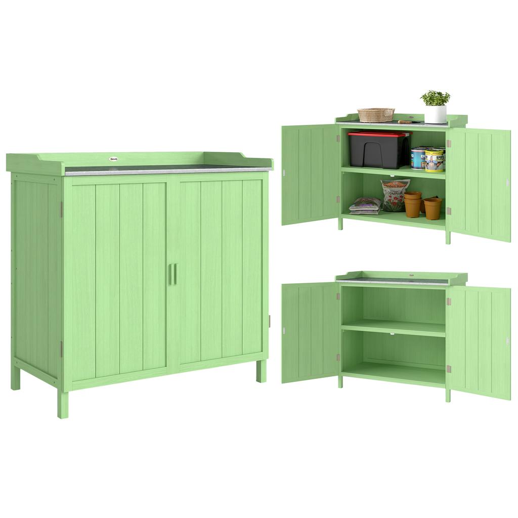 Wood Garden Storage Cabinet, Outdoor Tool Shed, Potting Bench Table with galvanised Top and Two Shelves for garden Tools or Pool Accessories, Green