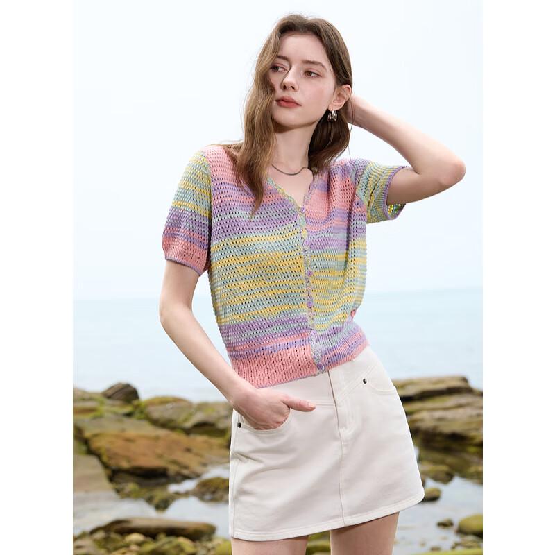 Sancai 2025 Summer Wave V-Neck Gradient Hollow Knit Cardigan
