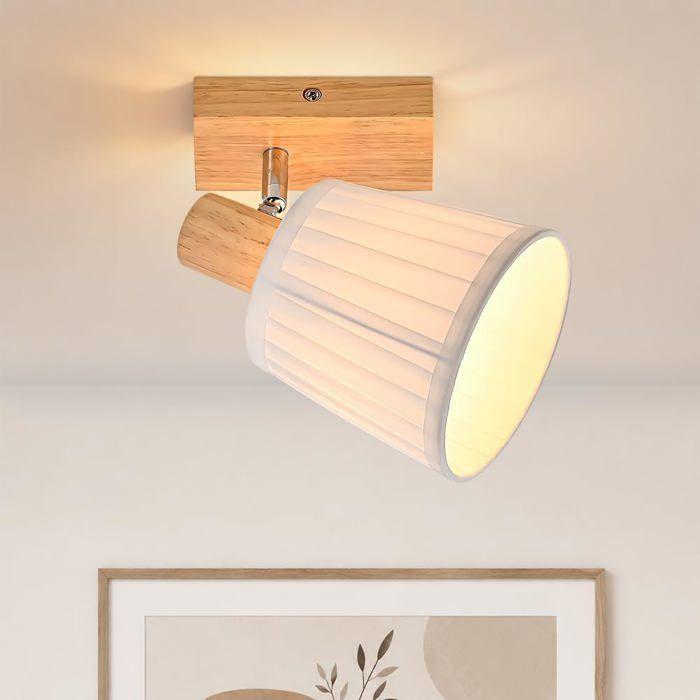Spot plafond - NETTLIFE - E14 25W - Revêtement bois & abat-jour tissu - Rotation 350°/inclinaison 90° - Blanc
