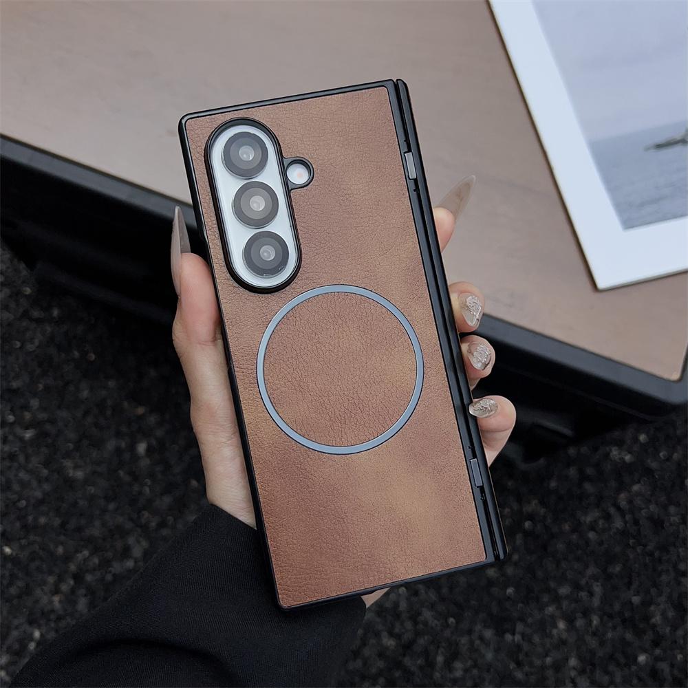 Leather Magnetic Phone Case for Samsung Galaxy Fold 7 6 5 4 3 ZFold7 ZFold6 Wireless Charge Hinge Protective Hard Cover