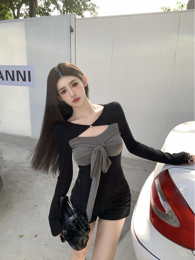 2025 Retro Spicy Girl Patchwork Mesh Sequin Lace-Up Slimming Long Sleeve Top One Size
