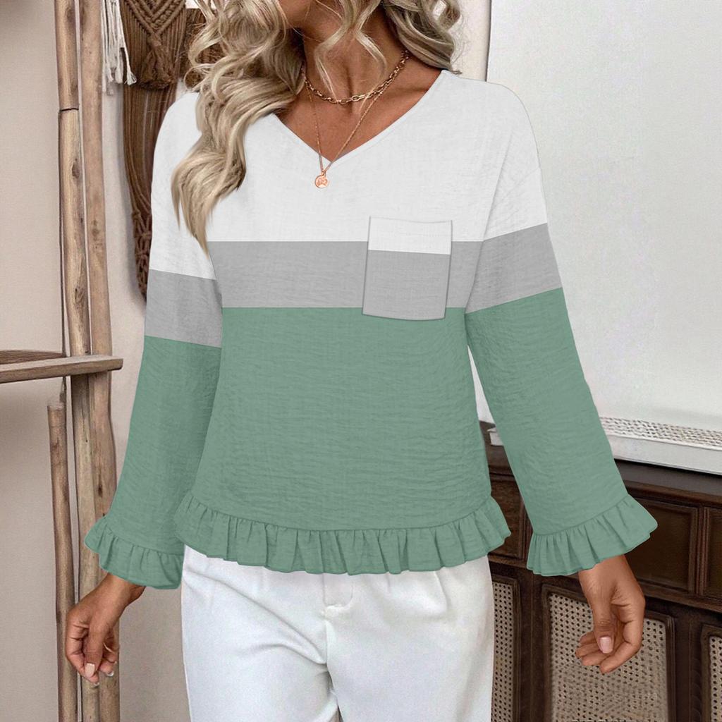 Women's Casual Fashion Ruffle V-Neck Pocket Retro Print Long Sleeve Top