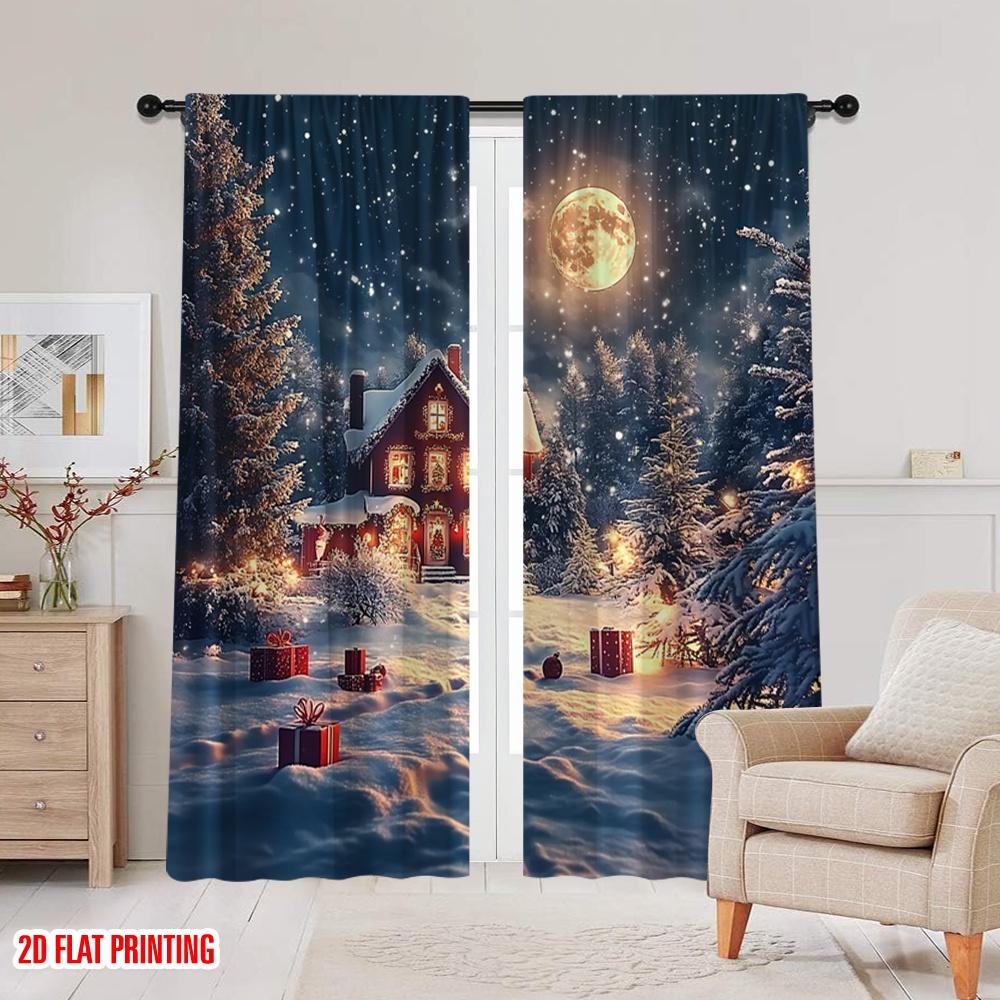 2pcs 2D flat printing Merry Christmas Scene Curtains Modern Christmas Scenes Polyester Fabric Without Electricity Festive