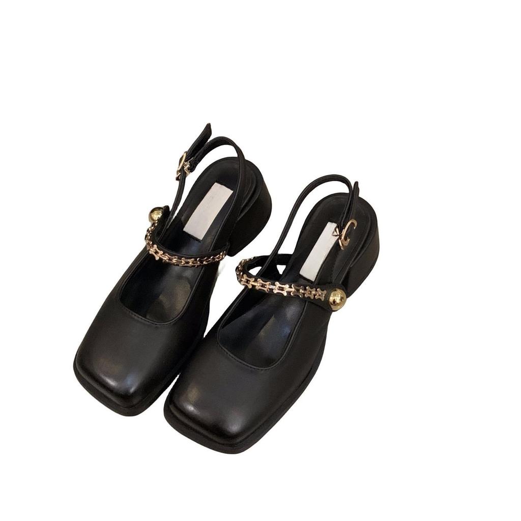 Black high heels bag head sandals women's shoes spring thick heel Mary Jane single shoes