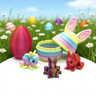 Easter Rabbit Ear Egg Ornament with Articulated Bunny Inside 3D Printed Movable Joints Rabbit Figurine Fidget Toy Easter Holiday Party Decoration