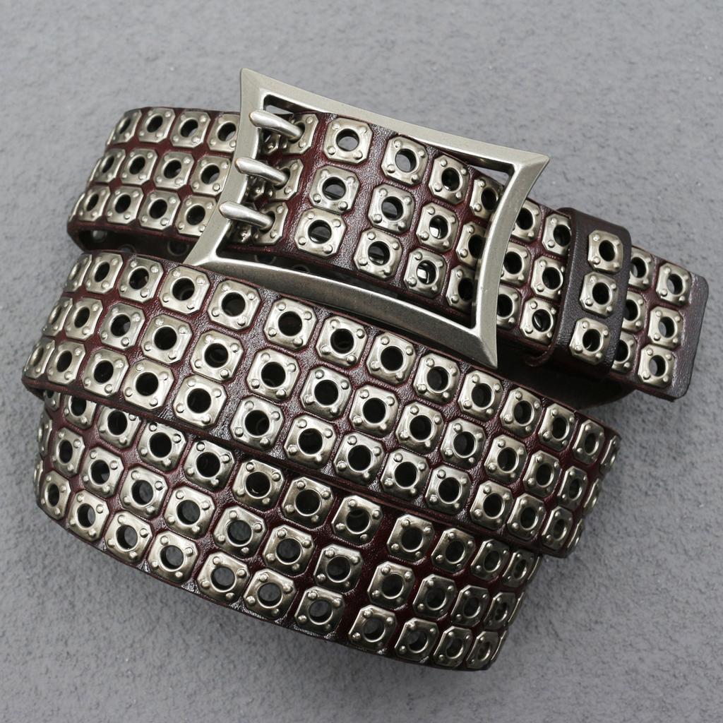 New Japanese American Motorcycle Belt Heavy Duty Punk Car Eye Hollow Rivet Men's Cowhide Belt Women's Three-pin Buckle