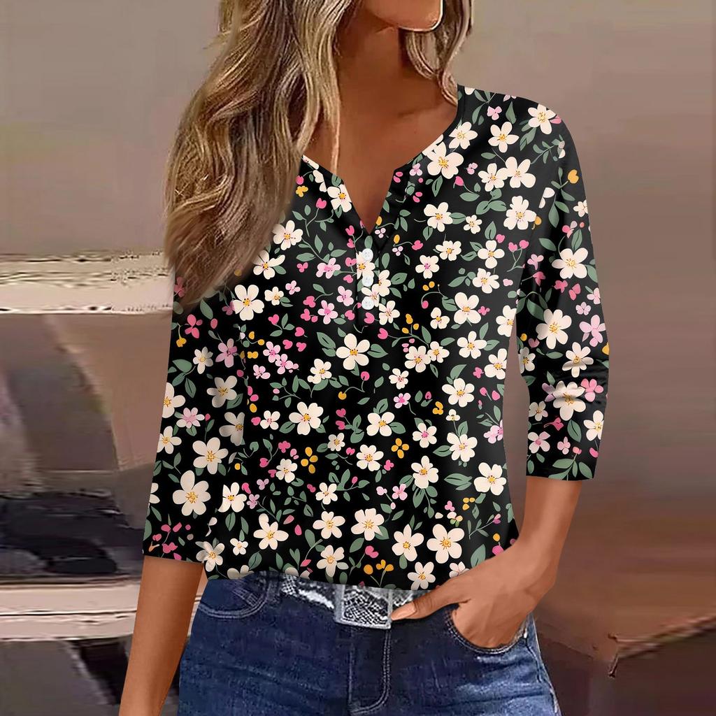 Women's T Shirt Print Button 3/4 Sleeve Daily Weekend Fashion Basic V- Neck Regular Top
