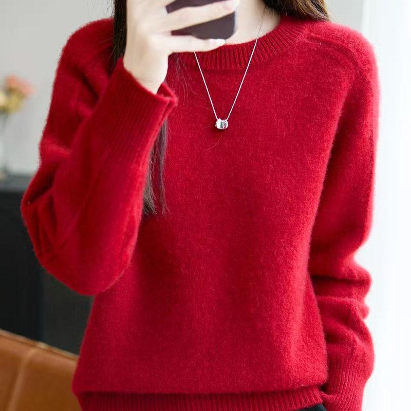Women's Autumn Winter Thickened Wool Sweater - Round Neck, Simple, Loose Fit, Flaw-Covering, Slimming, Cross-Border Style.