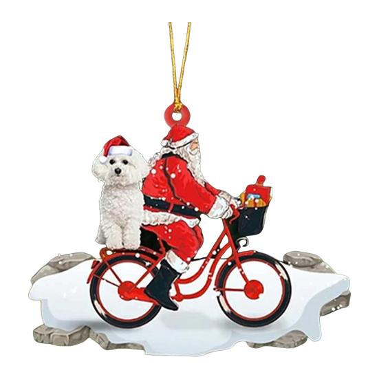Santa Riding A Bicycle with A Dog Ornament Cute Acrylic Santa