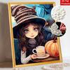 Pearl Painting DIY Kit Frameless Cute Witch With Cat Pumpkin Coffee Halloween Pattern Shiny Bead Art Canvas Creative Wall Decor Gift Idea
