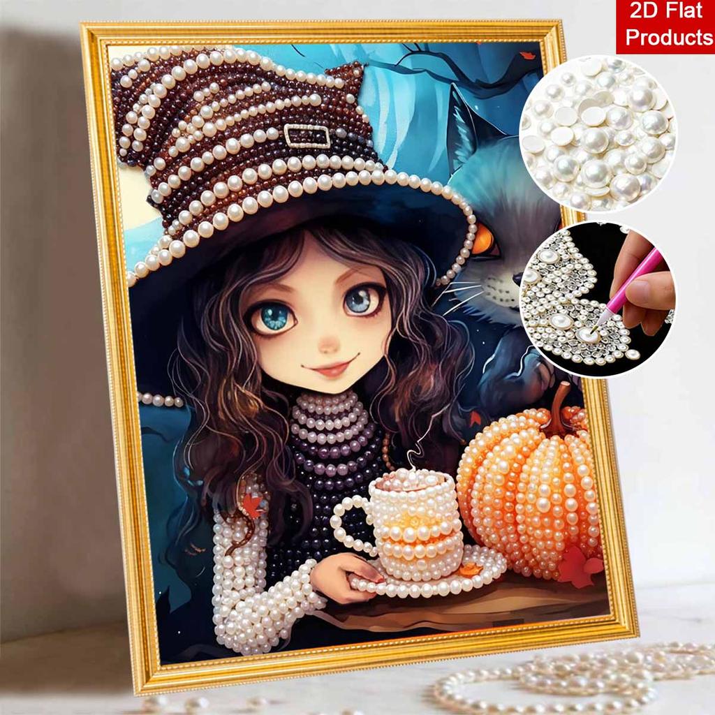 Pearl Painting DIY Kit Frameless Cute Witch With Cat Pumpkin Coffee Halloween Pattern Shiny Bead Art Canvas Creative Wall Decor Gift Idea