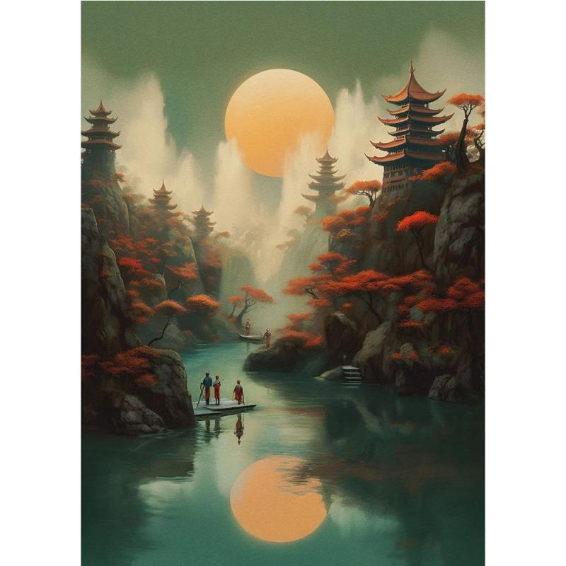 Japanese cherry color koi, fish, moonlake, magic art poster, canvas, painting, Japanese landscape, wall art for living room, home decor