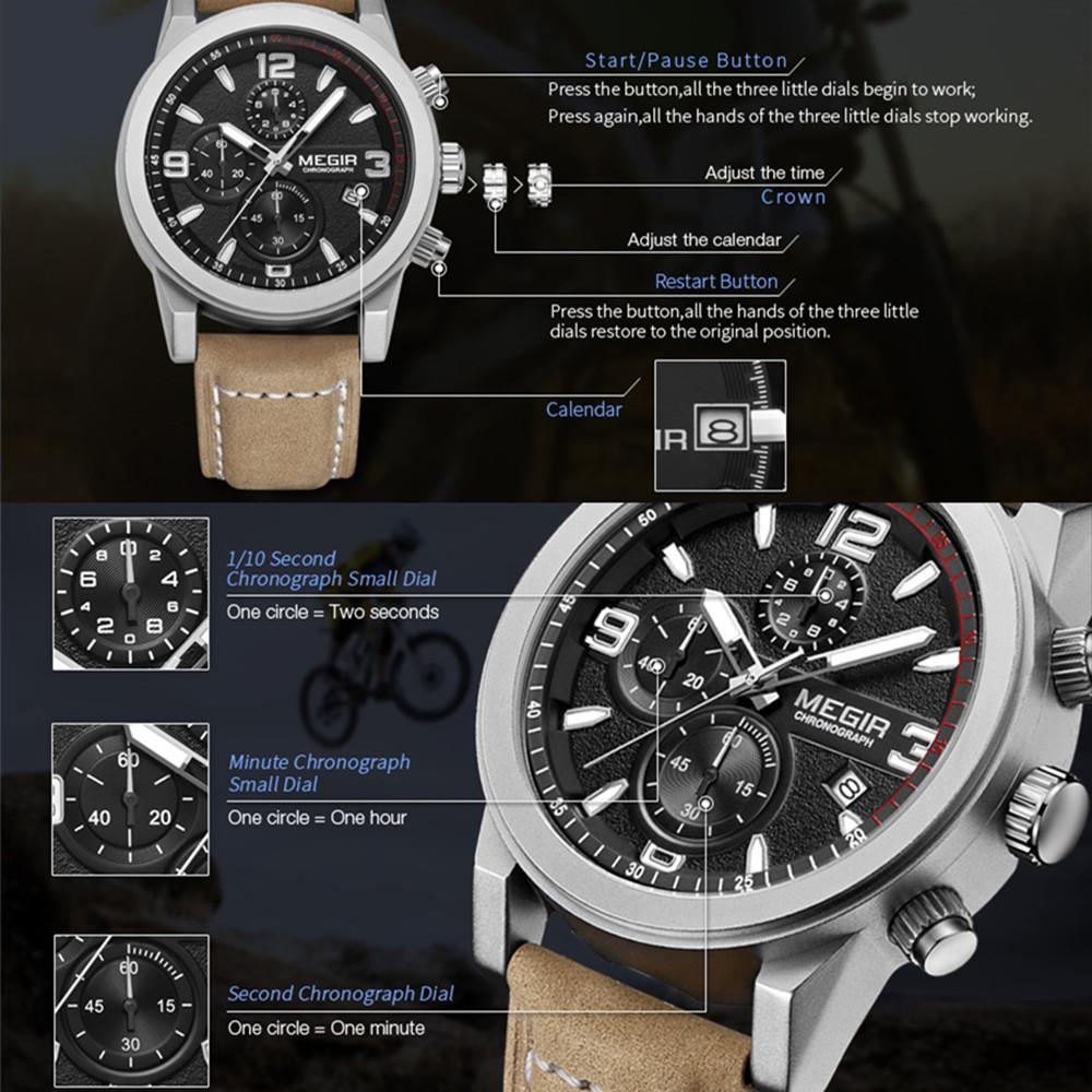 Megir Fashion Sport Watch Men Luxury Brand Men Quartz Watches Chronogragph Clock Leather Band Army Military Wrist Watch 2026