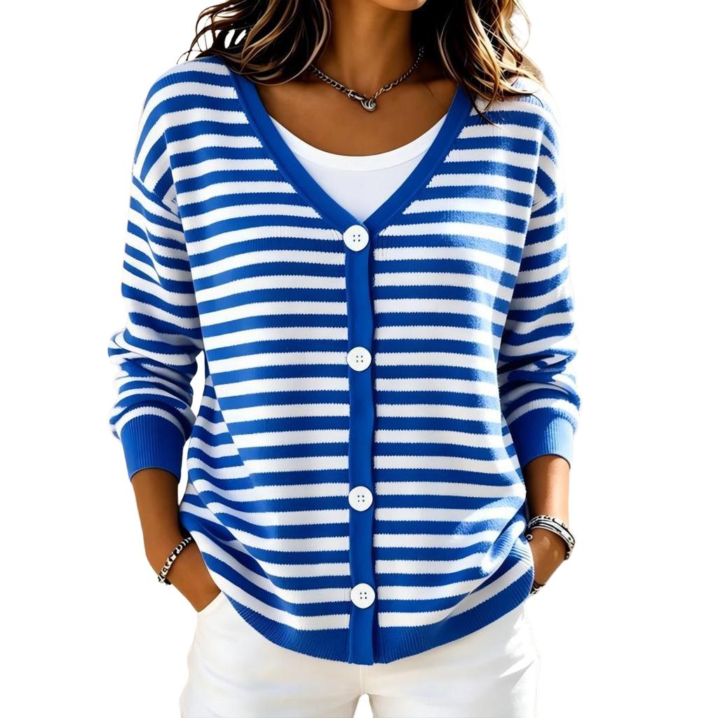 Women's Striped V-Neck Single-Breasted Lightweight Knit Cardigan Loose Fit