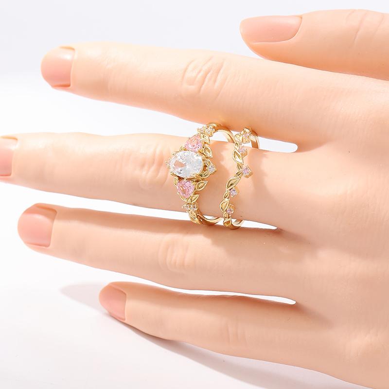 2 Pcs Retro Elegant Pink Zircon Ring Set for Women Engagement Proposal Jewelry