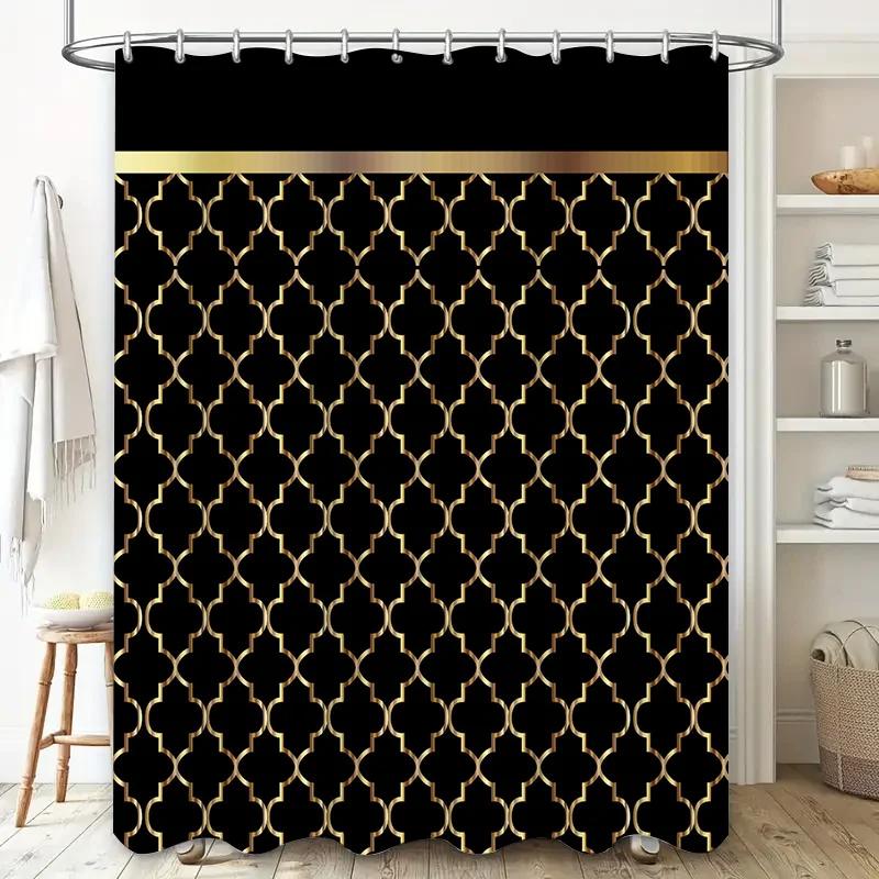 

Gold Pattern Shower Curtain Black Bath Mat Set For Home Decor In Bathrooms Waterproof Fabric With Rod Pocket Hole Easy Installat W60H190(CM)-1 Pcs