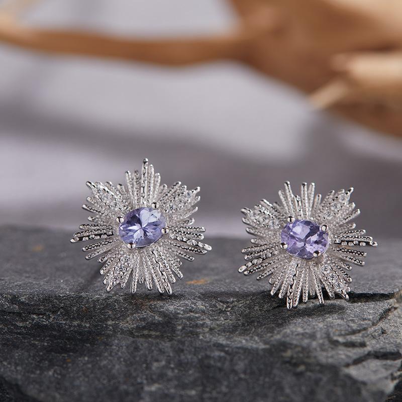 S925 Sterling Silver Colored Treasure Natural Garnet Tanzanite Topaz Earrings Female Niche Snowflake Design