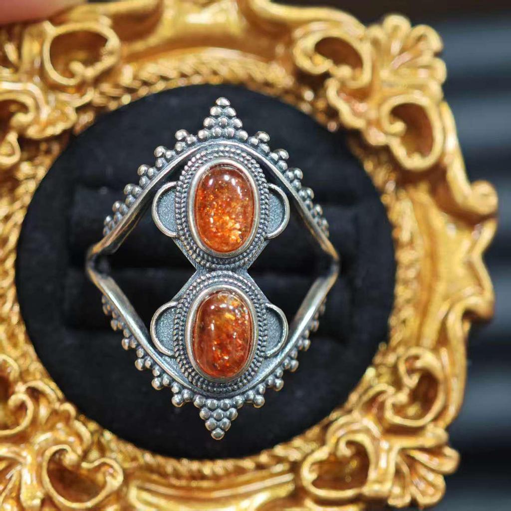 Verstellbarer Vintage-Ring aus 925er Sterlingsilber mit natürlichem Opal und goldenem Sonnendesign