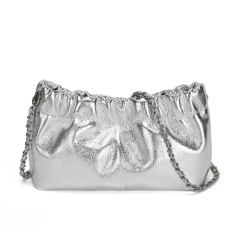 Genuine Leather Bag 2026 Popular Chain Armpit Bag Women's Cloud Pleated Bag Women's Bag Cowhide One-shoulder Crossbody Bag Gold Ball Chain
