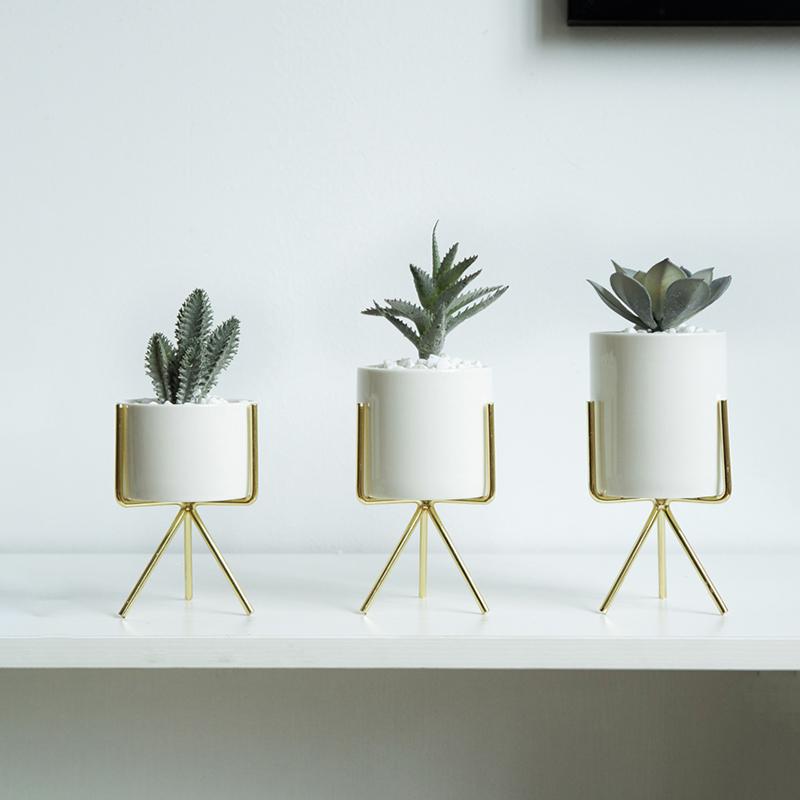Set aus 3 Keramik-Blumentöpfen mit Eisenständer für Sukkulenten Schreibtisch Keramik-Blumenvase Heim-Garten-Dekoration
