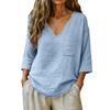 Women's Fashionable Loose-Fit Cotton-Linen V-Neck Casual Pullover With 3/4 Sleeves