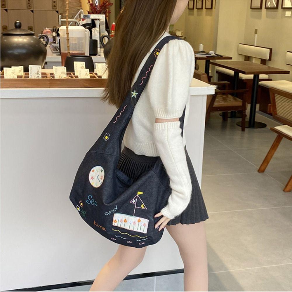 Retro Denim Canvas Bag Cloth Embroidery Tote Bag Vintage Cartoon Pattern Shoulder Bag  Travel