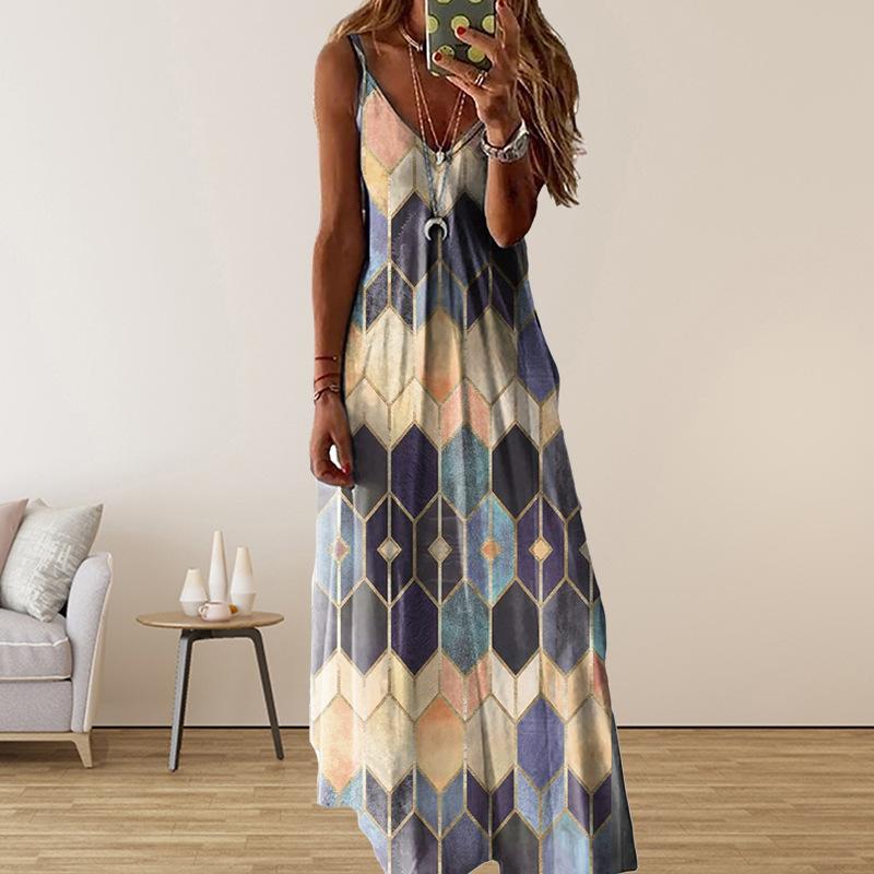 European and American women's clothing summer new fashion casual V-neck suspender dress long dress