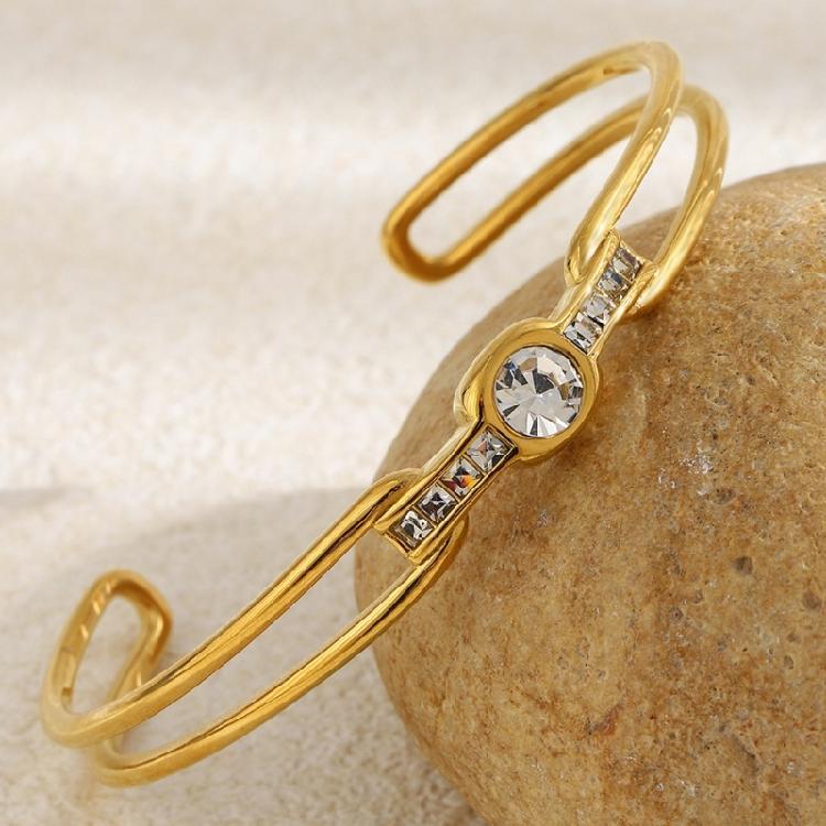 Dainty Adjustable Opening Bangle With Shimmering Zircon Accents Waterproof Wrist Jewelry With Rhinestones